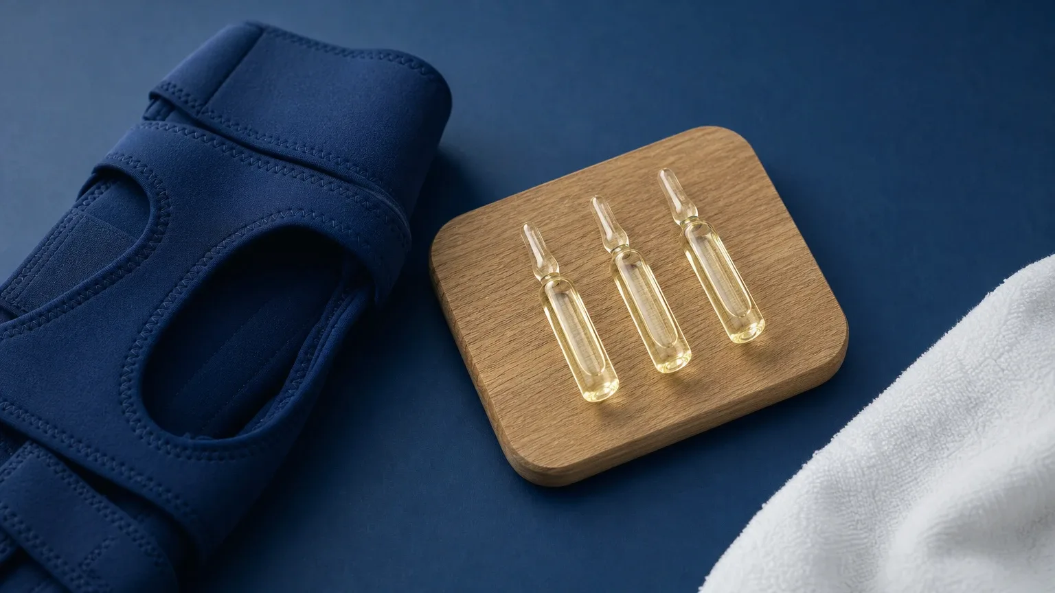 Drei Ampullen mit goldenem Öl neben einer Kniebandage auf Eichenholz – Deca Durabolin und die Gelenke