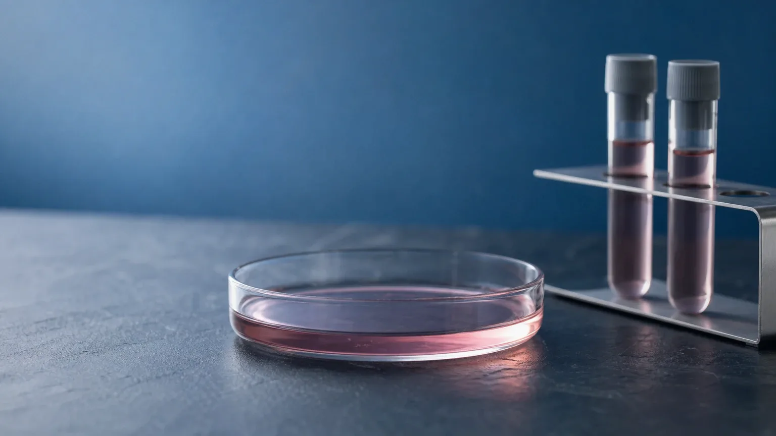 Petrischale mit Nährmedium und zwei Reagenzgläser auf Schiefer – die Rolle der Steroide im Körper und Muskelwachstum