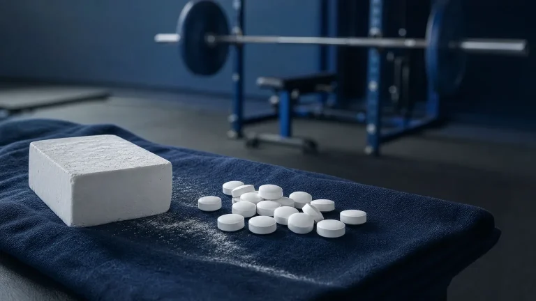 Tabletten und Kreideblock auf dunkelblauem Leinen – Dianabol Wirkung auf Masse, Kraft und Stickstoff