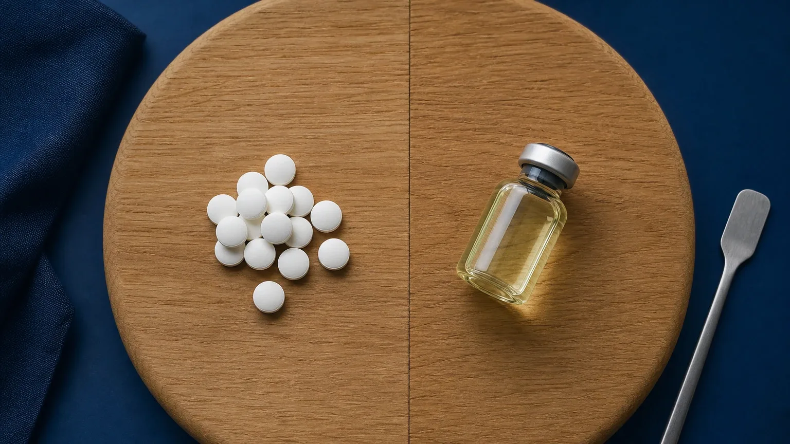 Tabletten links und Glasfläschchen rechts auf Eichenholz – Dianabol vs. Testosteron für den Muskelaufbau
