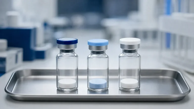 Drei Peptid-Fläschchen mit Pulver und farbigen Kappen – Peptide für Fettabbau, Muskelaufbau und Heilung