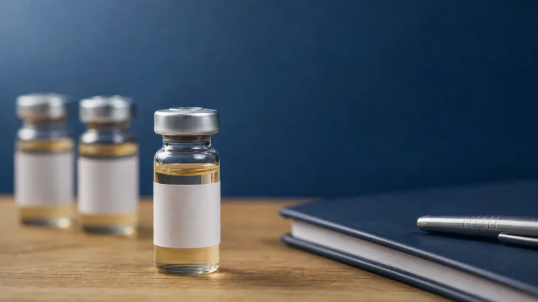 Glasfläschchen mit hellgoldenem Öl, Planer und Stift auf Eichenholz – DHB Dosierung und Kur-Pläne