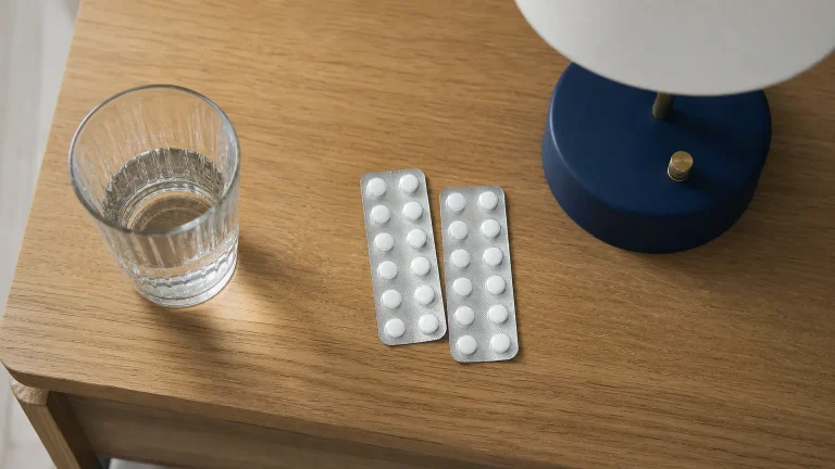 Zwei Tablettenblister neben Nachttischlampe auf Eichenholz – Erektile Dysfunktion und PDE-5-Hemmer (Sildenafil/Tadalafil)