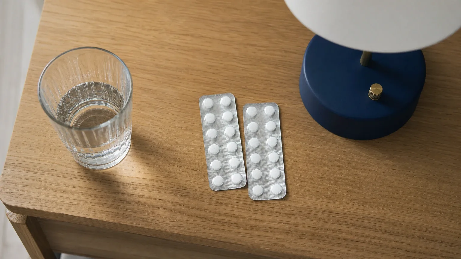 Zwei Tablettenblister neben Nachttischlampe auf Eichenholz – Erektile Dysfunktion und PDE-5-Hemmer (Sildenafil/Tadalafil)