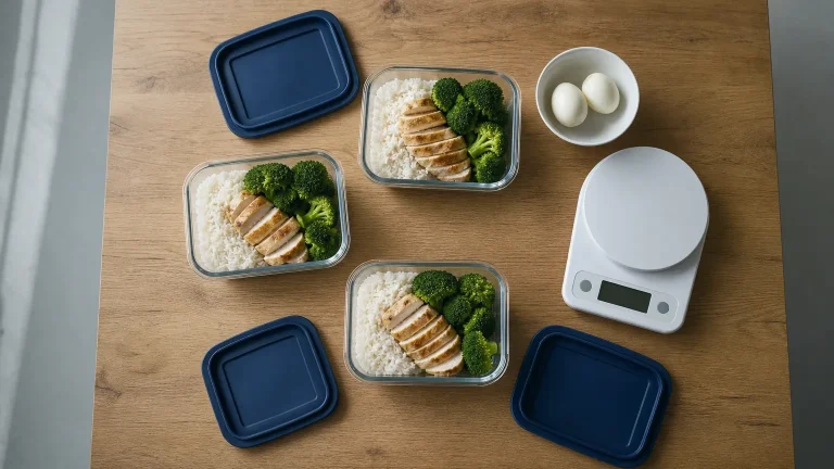 Meal-Prep-Boxen mit Reis, Hähnchen und Brokkoli, Eier und Küchenwaage auf Eichenholz – Steroidkur Ernährung und Makros