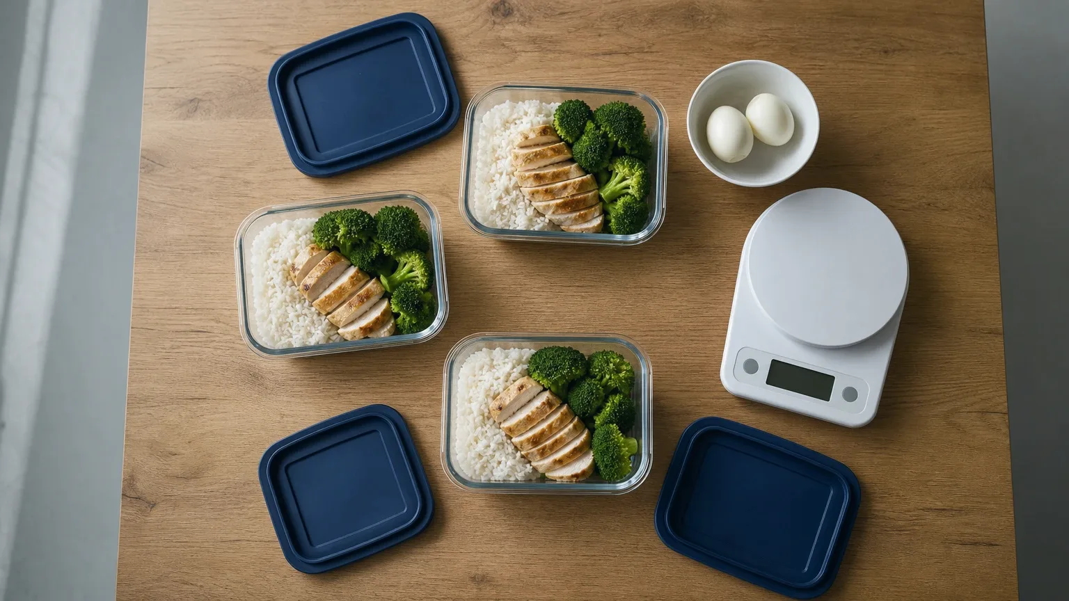 Meal-Prep-Boxen mit Reis, Hähnchen und Brokkoli, Eier und Küchenwaage auf Eichenholz – Steroidkur Ernährung und Makros