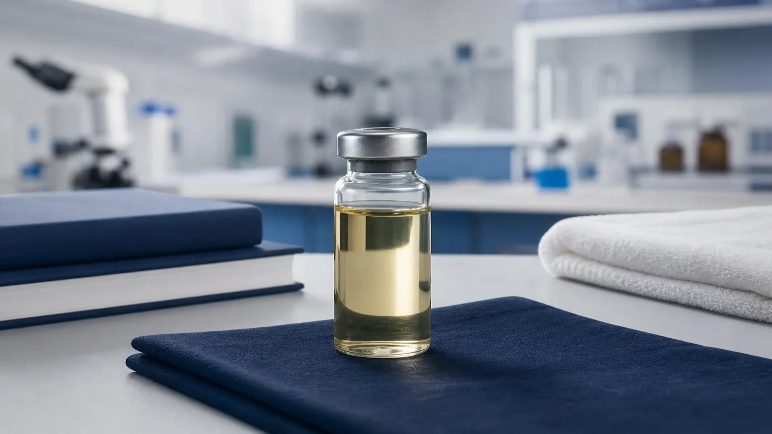 Glasfläschchen, Bücher und Handtuch auf dunkelblauem Leinen – erster Steroid-Zyklus für Anfänger