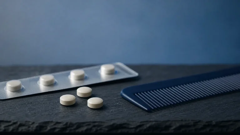 Weiße Tabletten im Blister und blauer Kamm auf Schiefer – Finasterid gegen Haarausfall im Steroidzyklus