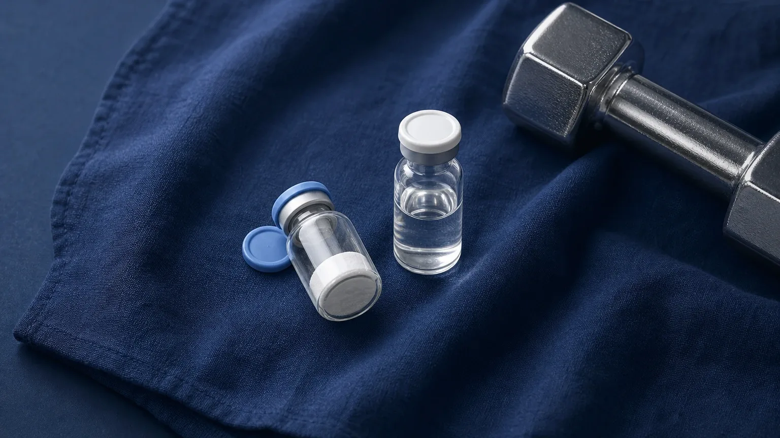 Peptid-Fläschchen mit Pulver neben einer kleinen Hantel auf Leinen – Follistatin 344: Wirkung und Evidenz