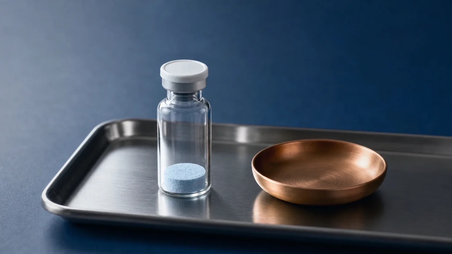 Peptid-Fläschchen mit hellblauem Pulver und Kupferschale auf Stahltablett – GHK-Cu Wirkung und Dosierung
