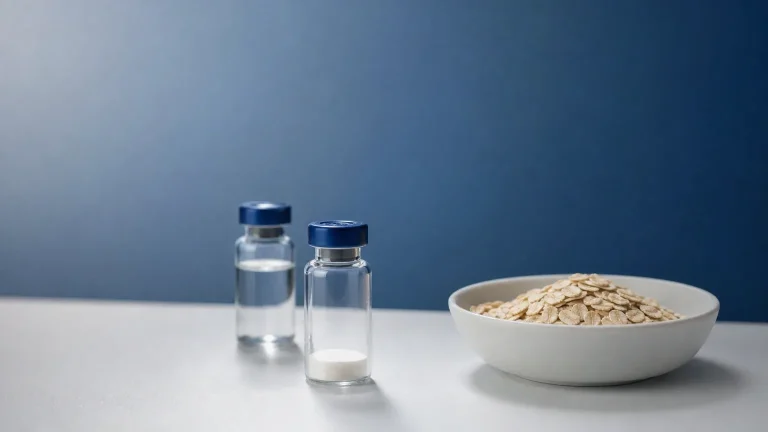 Peptid-Fläschchen mit Pulver und eine Schale Haferflocken auf weißem Labortisch – GHRP-6 Wirkung und Dosierung