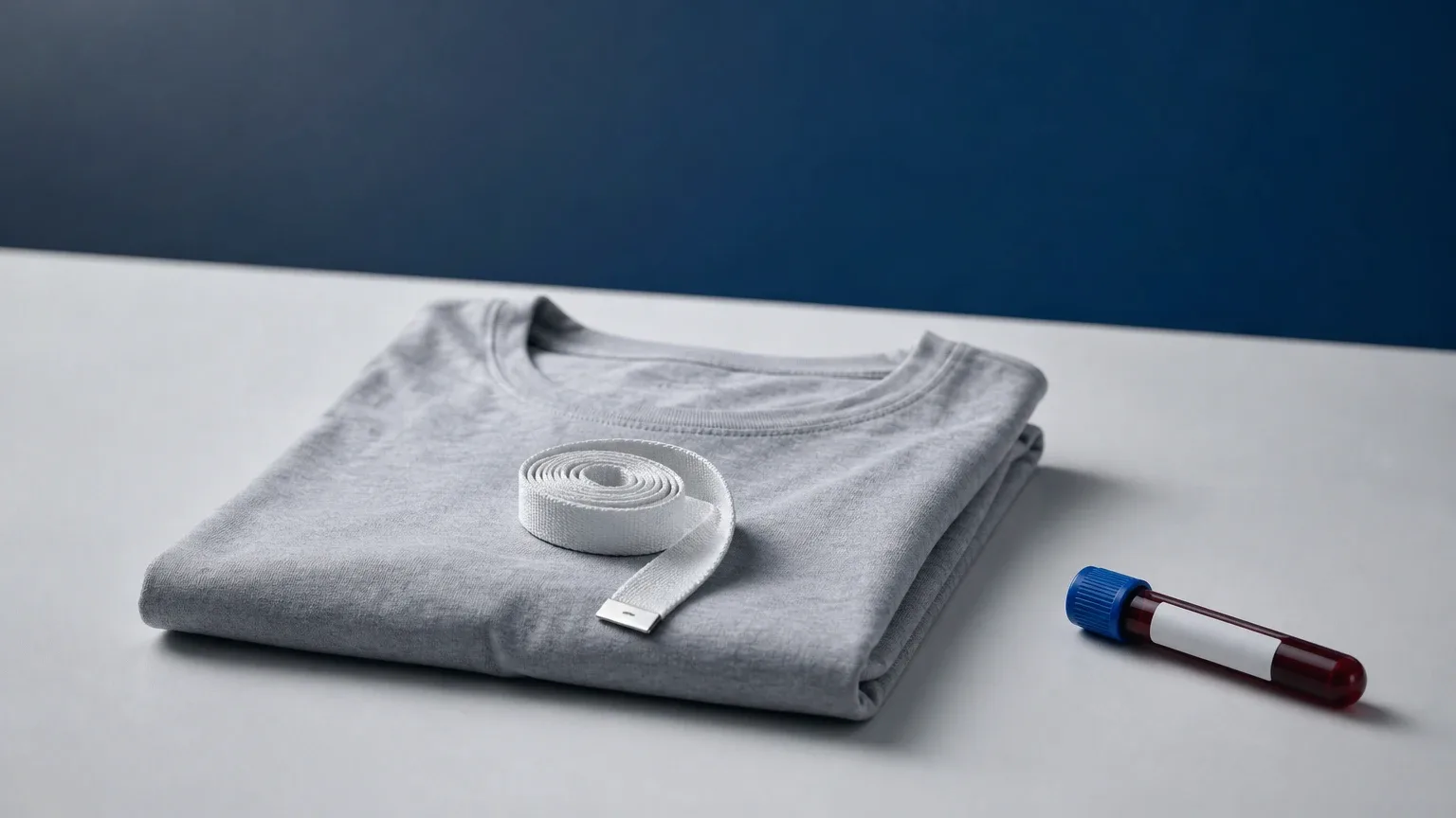 Gefaltetes graues T-Shirt mit Maßband und Blutröhrchen – Gynäkomastie und Bodybuilding