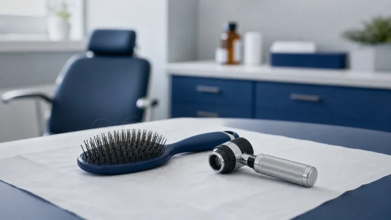 Haarbürste und Dermatoskop auf einem Untersuchungstisch – Haarausfall durch Steroide: Ursachen und Prävention