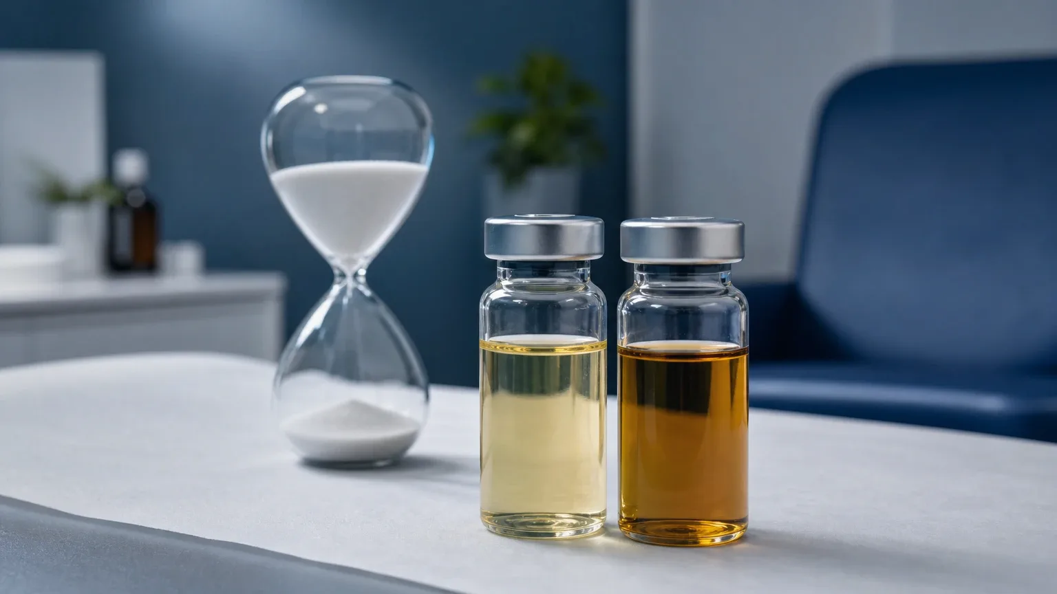 Zwei Glasfläschchen und Sanduhr auf dem Untersuchungstisch – Halbwertszeit anaboler Steroide einfach erklärt