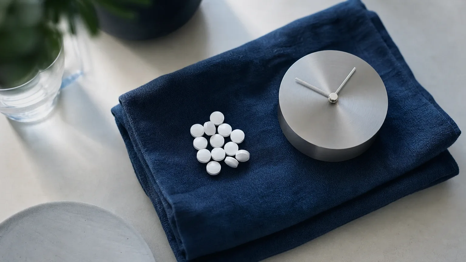 Tabletten und eine Uhr ohne Ziffern auf dunkelblauem Leinen – Halotestin Dosierung und Kur-Plan