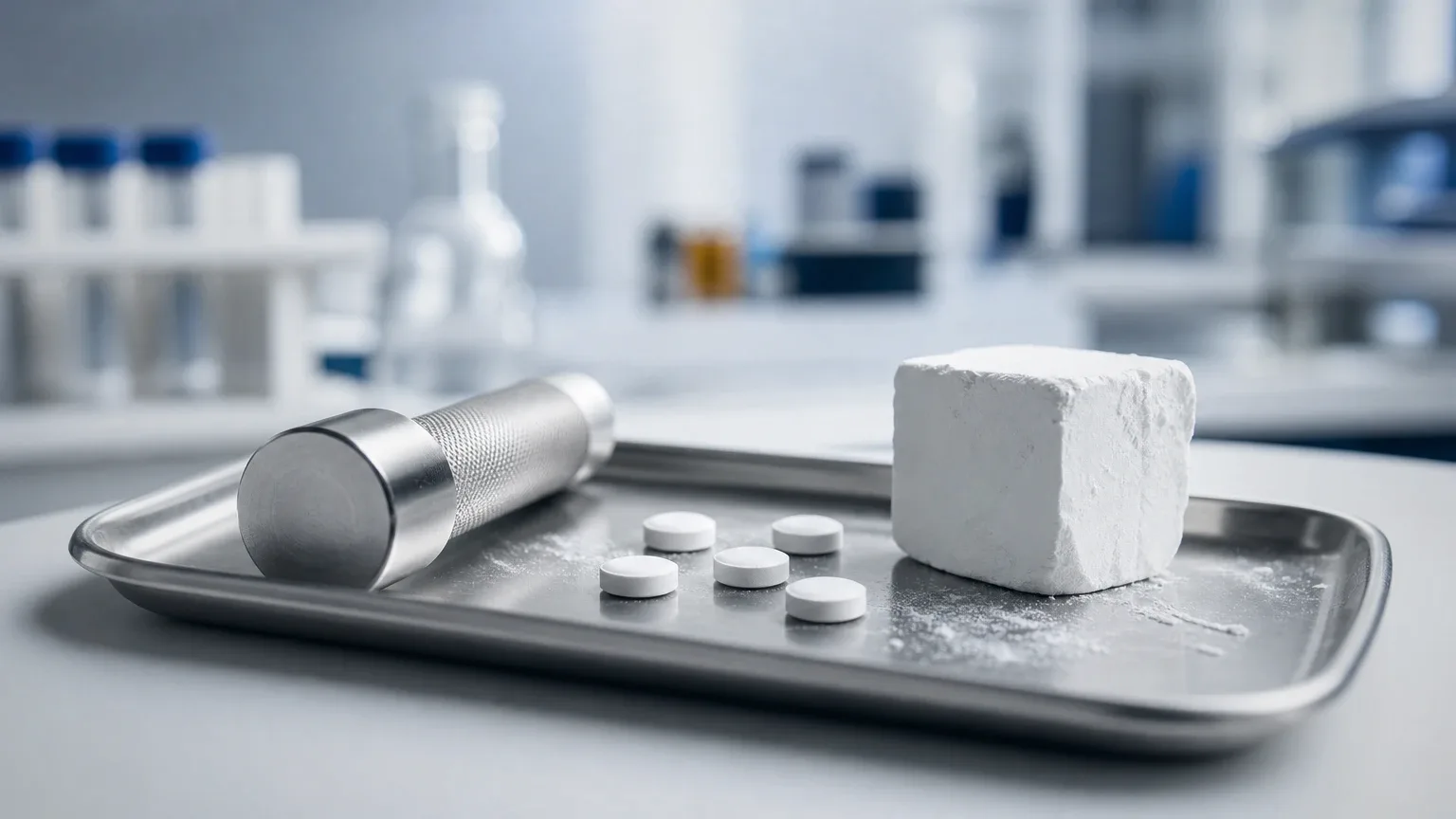 Tabletten, Hantelstangenende und Kreide auf einem Stahltablett – Halotestin Wirkung auf Kraft und Aggression