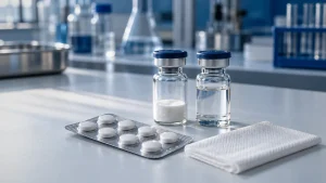 Zwei Glasfläschchen mit Pulver und Lösungsmittel neben einem Tablettenblister auf weißem Labortisch – HCG in Kur und PCT