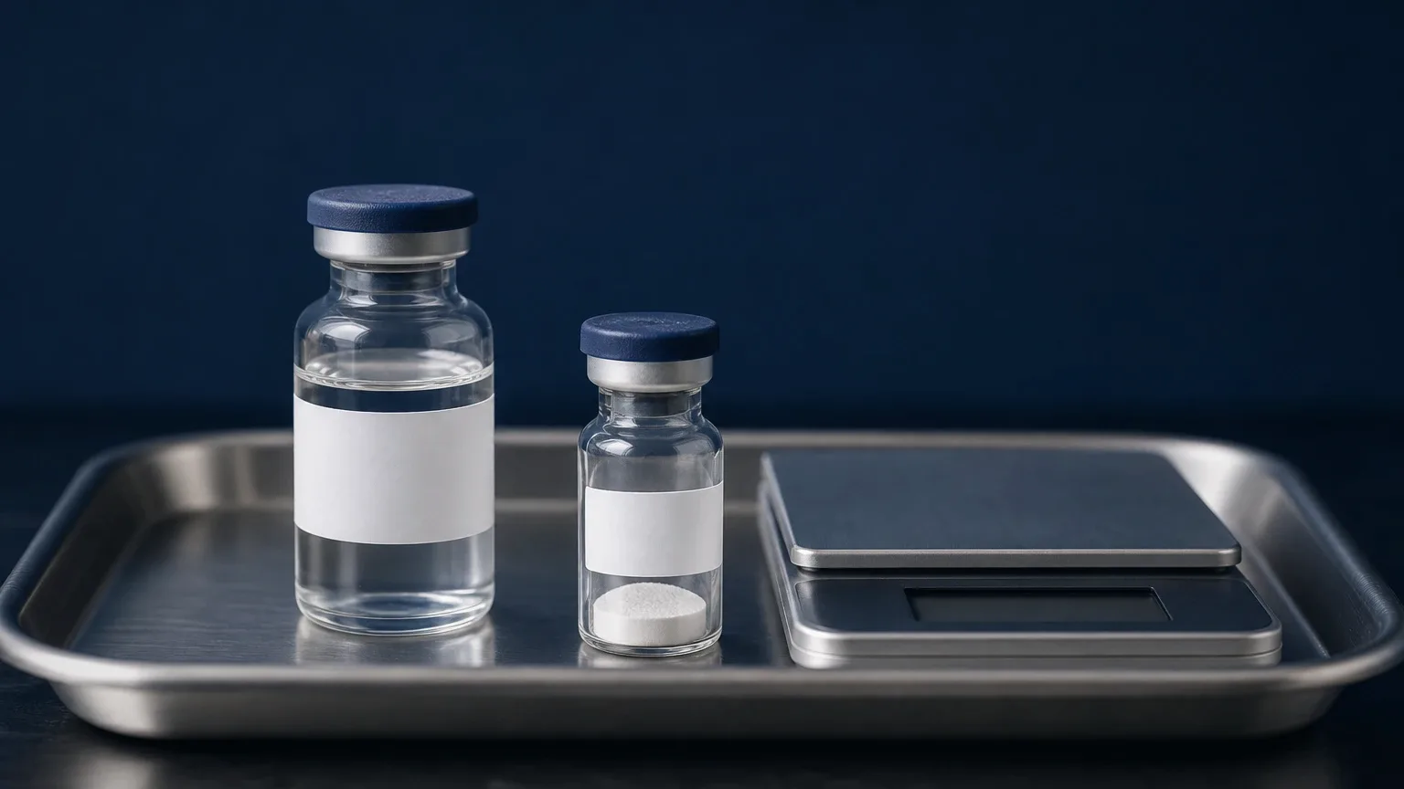 Peptid-Fläschchen mit Pulver neben Wasserfläschchen und Waage – IGF-1, insulinähnlicher Wachstumsfaktor