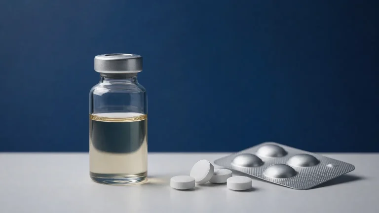 Glasfläschchen mit Öl links, Tabletten rechts – injizierbares Dianabol vs. orales Methandienon