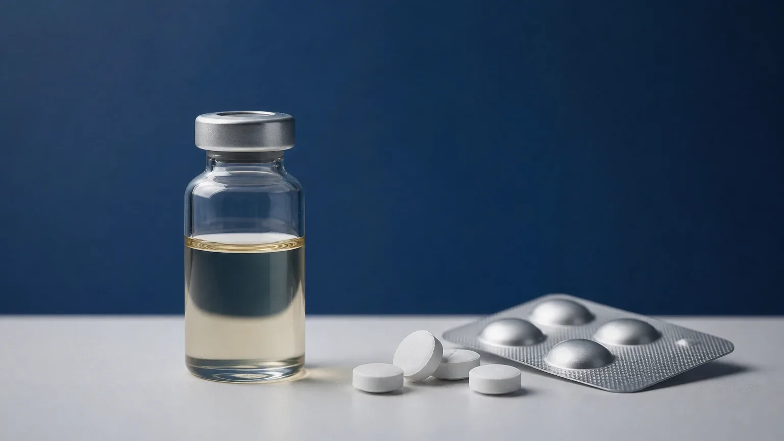 Glasfläschchen mit Öl links, Tabletten rechts – injizierbares Dianabol vs. orales Methandienon