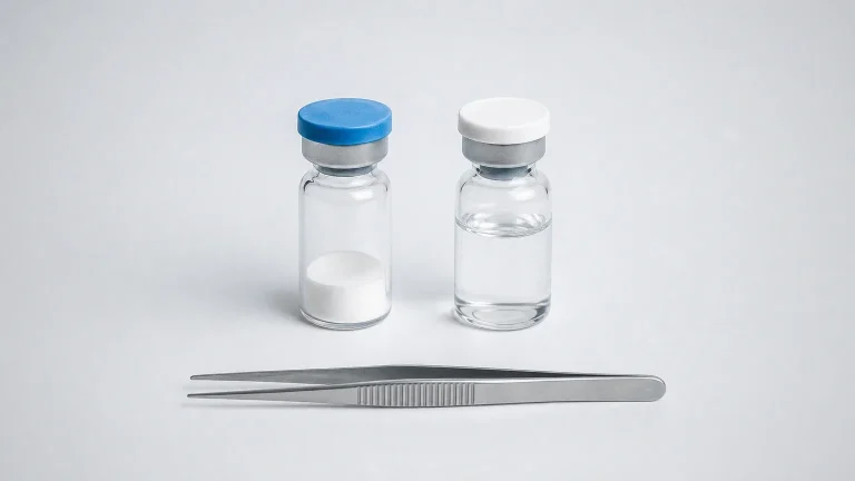 Peptid-Fläschchen mit Pulver und Wasserfläschchen auf weißer Laborbank – Ipamorelin Wirkung und Dosierung