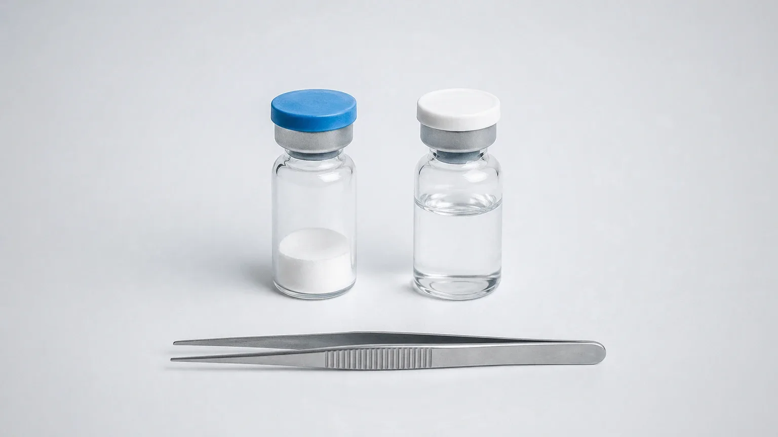 Peptid-Fläschchen mit Pulver und Wasserfläschchen auf weißer Laborbank – Ipamorelin Wirkung und Dosierung
