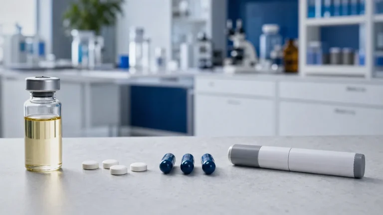 Glasfläschchen, Tabletten, Kapseln und Pen-Injektor in einer Reihe – PEDs im Überblick