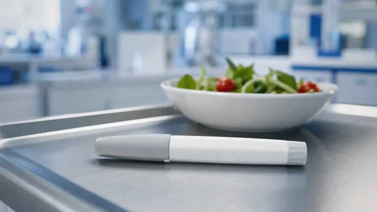 Pen-Injektor vor einer Salatschüssel auf Stahltablett – Liraglutid zur Gewichtsabnahme