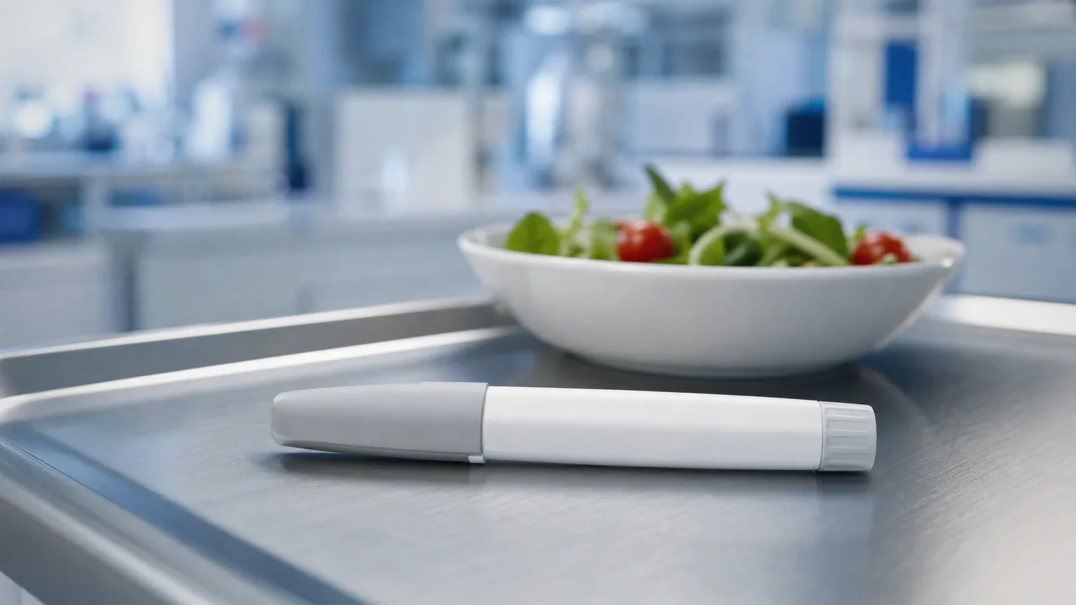 Pen-Injektor vor einer Salatschüssel auf Stahltablett – Liraglutid zur Gewichtsabnahme
