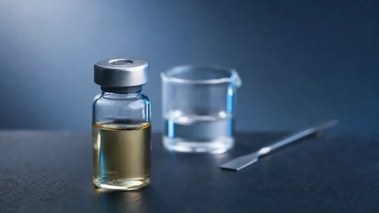 Glasfläschchen in Nahaufnahme auf Schiefer – Masteron Wirkung und Anti-Östrogen-Eigenschaften