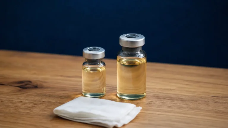 Kleines und großes Glasfläschchen auf Eichenholz – Masteron Enanthate im Vergleich zu Propionate