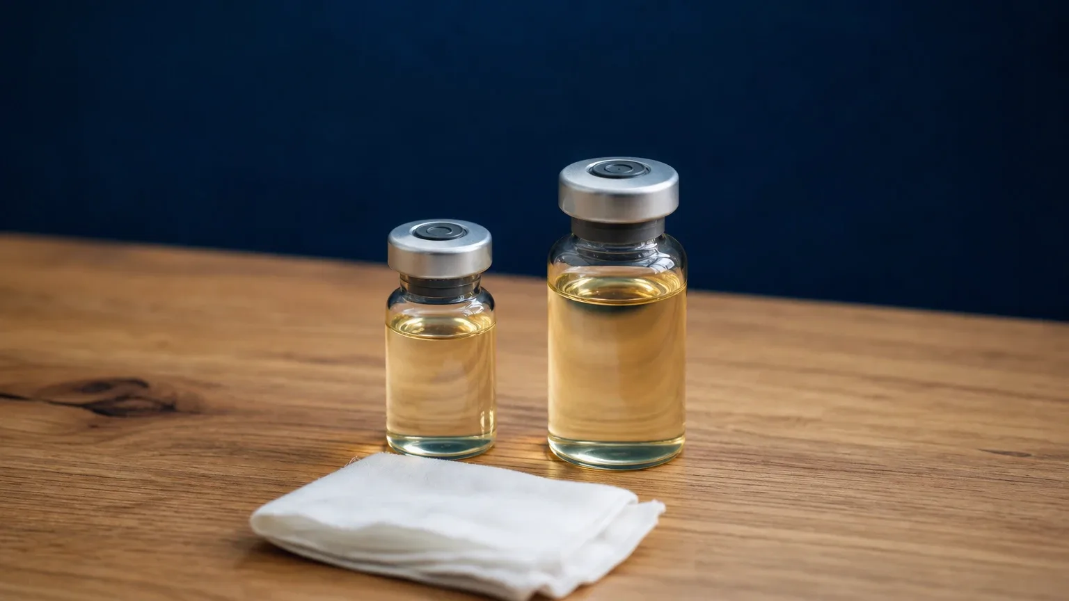 Kleines und großes Glasfläschchen auf Eichenholz – Masteron Enanthate im Vergleich zu Propionate