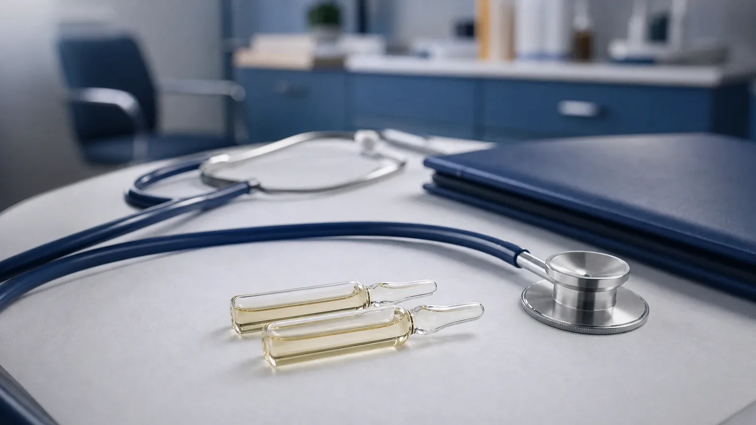 Zwei Glasampullen mit Stethoskop und Patientenmappe auf einem Praxistisch – Medizinische Anwendungen anaboler Steroide