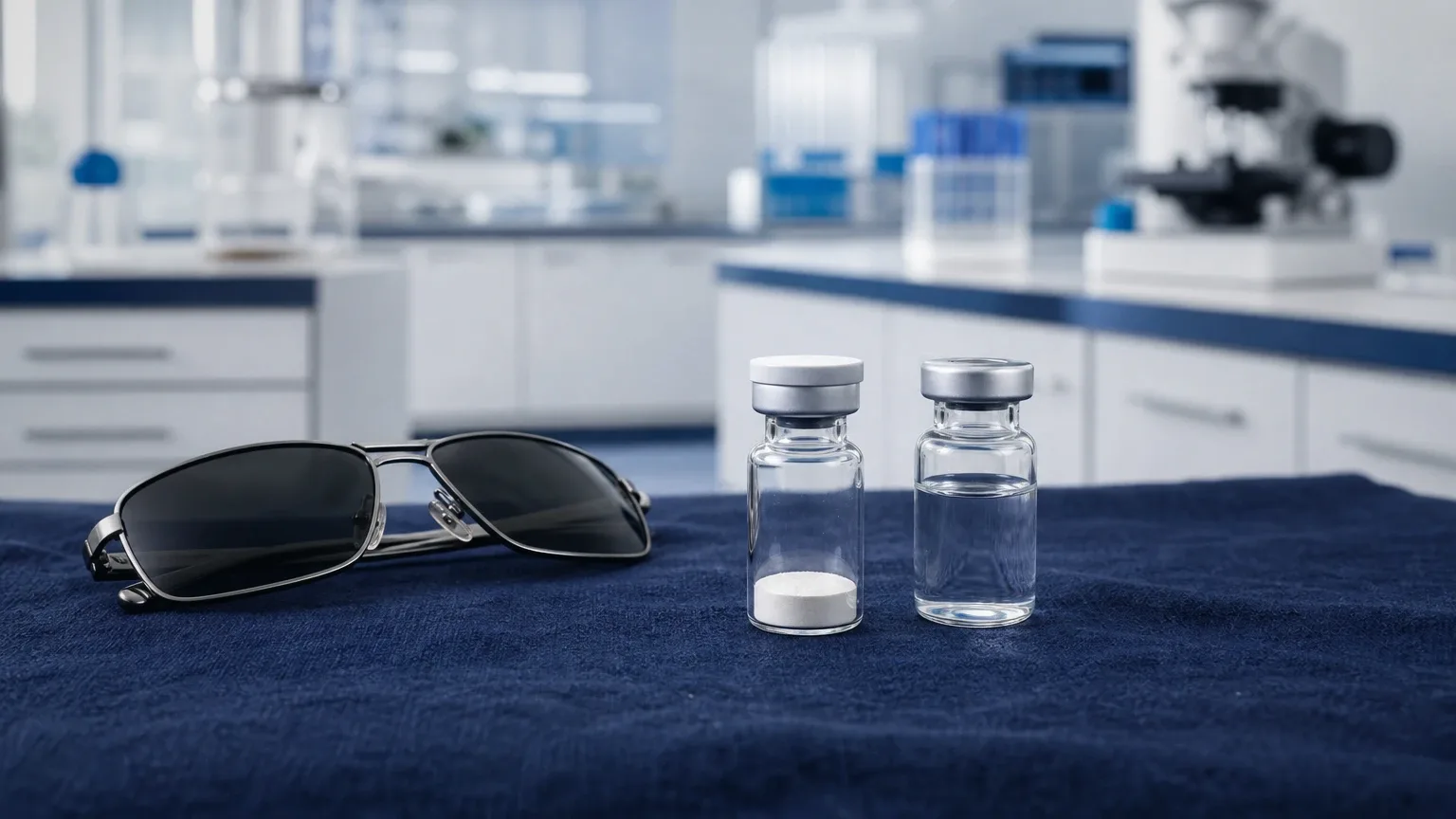 Peptid-Fläschchen mit Pulver, Wasserfläschchen und Sonnenbrille auf dunkelblauem Leinen – Melanotan II Wirkung und Risiken