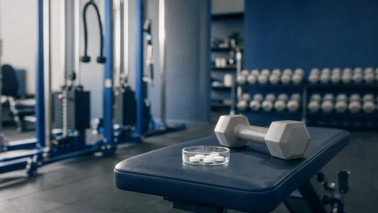Weiße Tabletten in einer Glasschale neben einer leichten Kurzhantel im Fitnessstudio – Auswirkungen einer milden Steroid-Kur