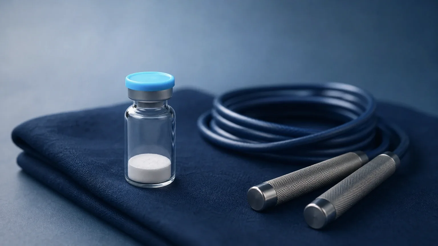 Peptid-Fläschchen mit Pulver neben einem Springseil auf dunkelblauem Leinen – MOTS-c Wirkung