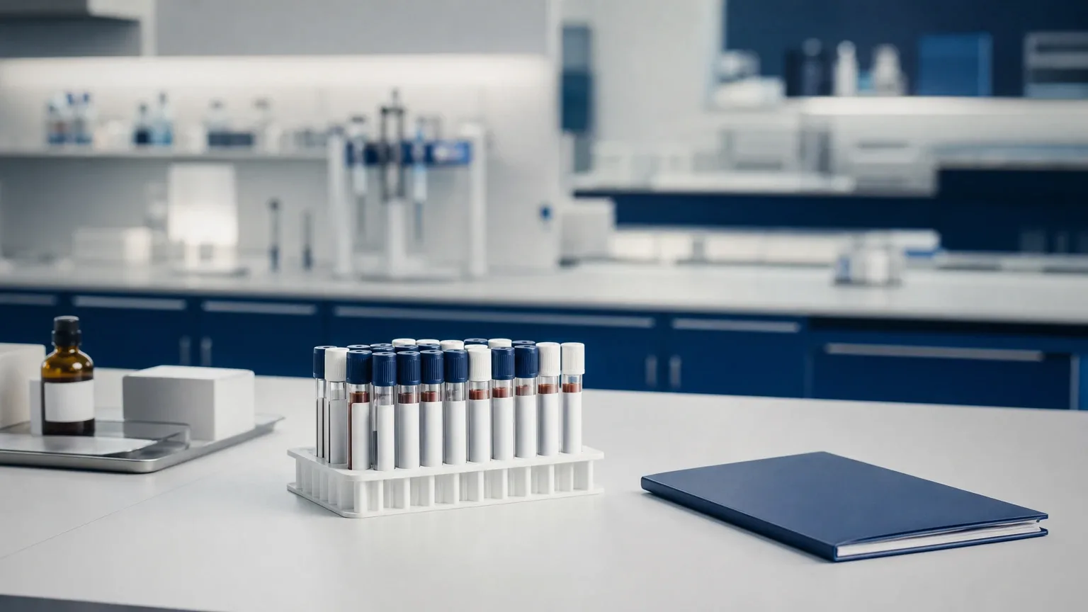 Laborbank mit Blutröhrchen und geschlossener Patientenmappe – niedriges Testosteron: Symptome, Diagnose und Behandlung