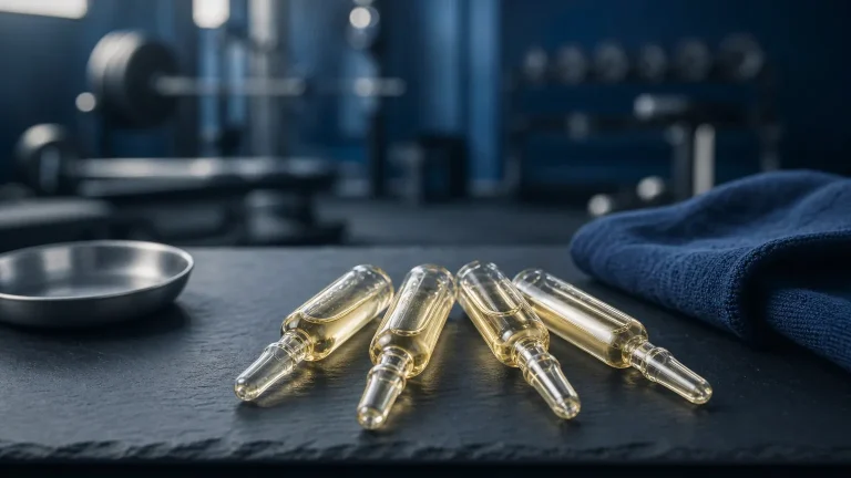 Vier Ampullen fächerförmig auf Schiefer – Testosteron-Mischester Wirkung und Dosierung