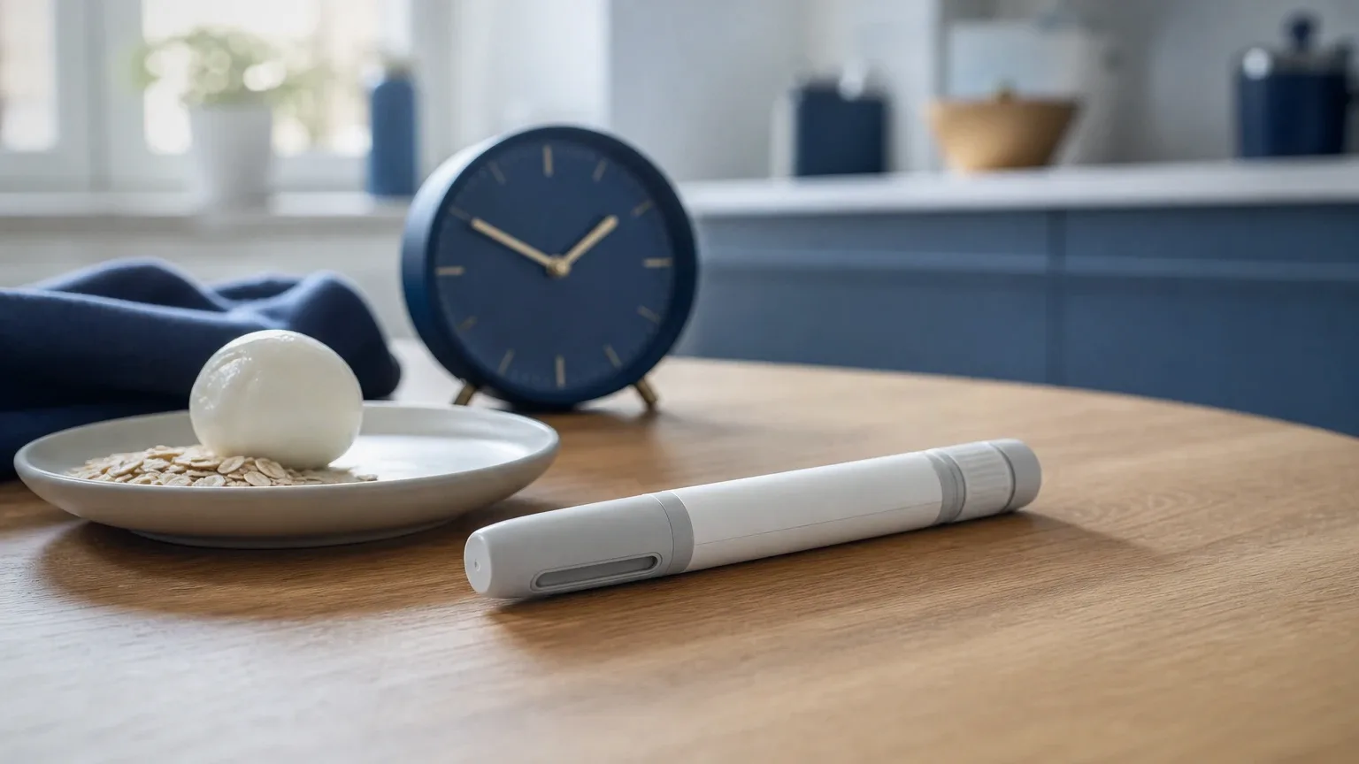 Pen-Injektor neben Frühstücksteller und Uhr auf Eichentisch – HGH-Injektionen und das richtige Timing der Mahlzeiten
