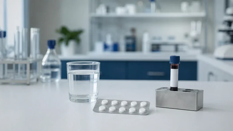 Tabletten, Wasserglas und Blutröhrchen auf einer Laborbank – Orale Steroide ohne Leberschaden