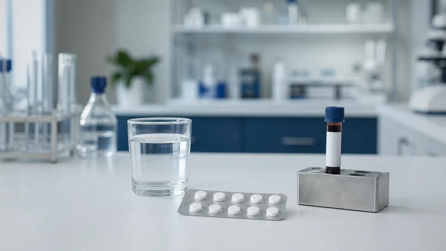 Tabletten, Wasserglas und Blutröhrchen auf einer Laborbank – Orale Steroide ohne Leberschaden