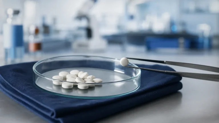Tabletten in einer Glasschale mit Pinzette auf Leinen – orales Primobolan: Wirkung und Dosierung