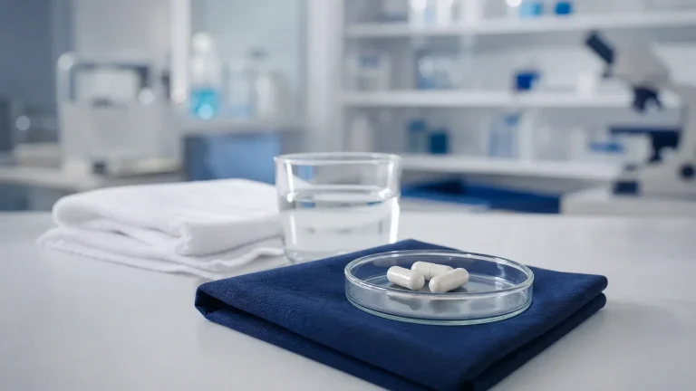Weiße Kapseln in einer Glasschale neben Wasserglas und Handtuch auf Leinen – Ostarine als Einsteiger-SARM