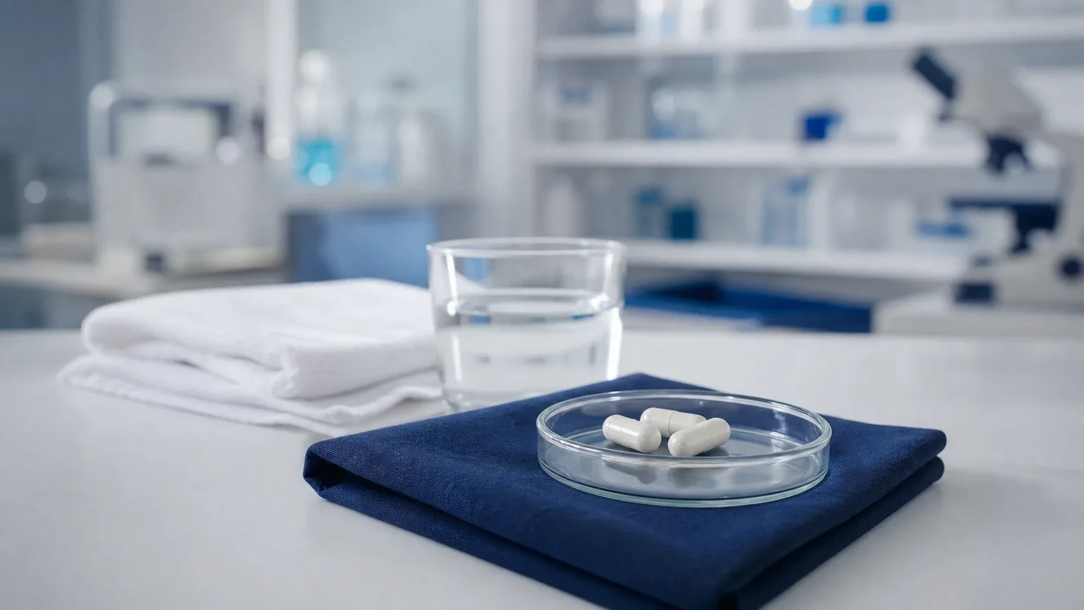 Weiße Kapseln in einer Glasschale neben Wasserglas und Handtuch auf Leinen – Ostarine als Einsteiger-SARM