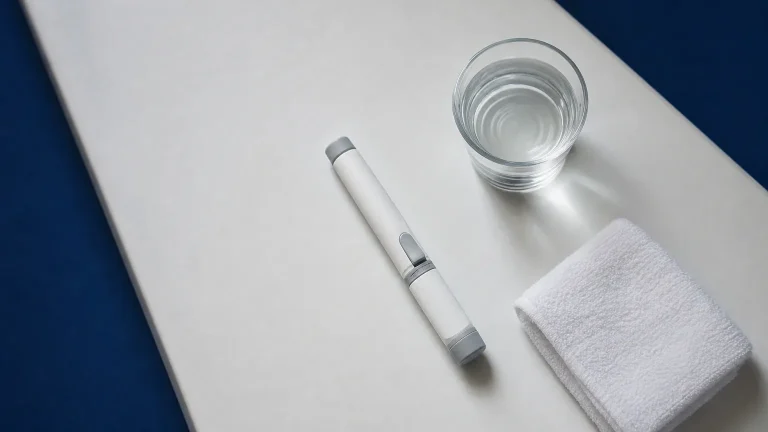 Pen-Injektor, Wasserglas und gefaltetes Handtuch auf weißem Labortisch – Semaglutid-Überdosierung: Symptome und Sofortmaßnahmen