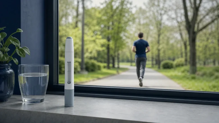 Pen-Injektor auf einer Fensterbank, im Hintergrund eine joggende Person – Semaglutid zur Gewichtsreduktion