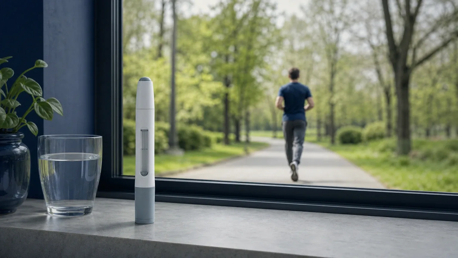 Pen-Injektor auf einer Fensterbank, im Hintergrund eine joggende Person – Semaglutid zur Gewichtsreduktion