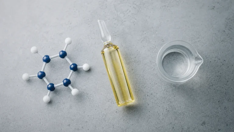 Glasampulle, Molekülmodell und Becherglas auf grauem Beton – Pharmakologie anaboler Steroide
