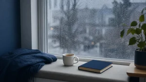 Leerer Fenstersitz mit dunkelblauer Leinendecke und Teetasse am verregneten Fenster – Post-Cycle Depression: Ursachen und Dauer