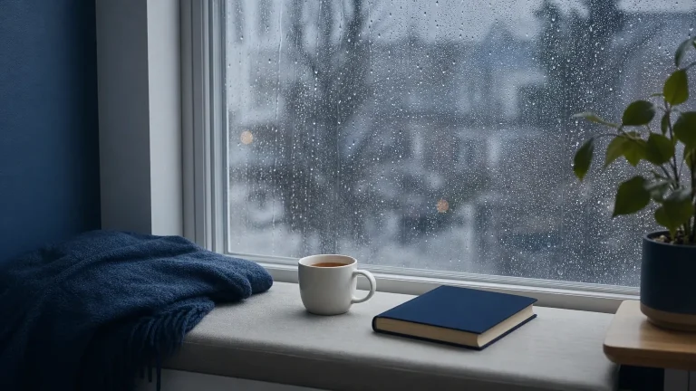 Leerer Fenstersitz mit dunkelblauer Leinendecke und Teetasse am verregneten Fenster – Post-Cycle Depression: Ursachen und Dauer